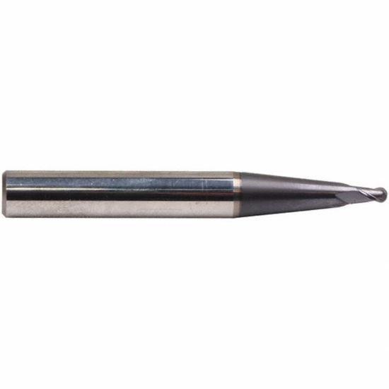 Picture of EMUGE 3442A.08015A DIA 1.50MM SH 0.3937 LOC 0.1575 OAL 3.149 End Mill Taper Flute Carbide TiAlN Single End Ball Nose Turbine Program