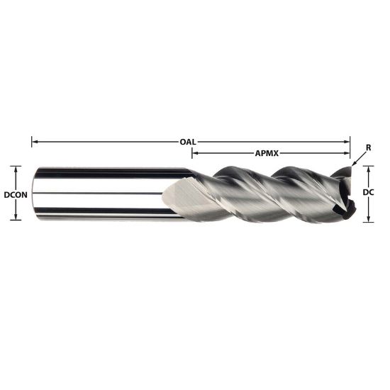Picture of IMCO 33607 DIA 1/2 SH 0.50 LOC 0.6250 OAL 3.00 End Mill Standard Flute High Helix Carbide Uncoated Single End Corner Radius 0.0300 0.76MM Streaker Mill