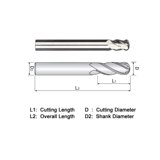 Picture of WIDIN BA304032X DIA 1/2 SH 0.50 LOC 2.00 OAL 6.00 End Mill Standard Flute Standard Helix Carbide Uncoated Single End Ball Nose General Purpose