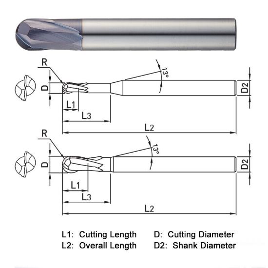 Picture of WIDIN DA412001 DIA 1/32 SH 0.2500 LOC 0.0312 OAL 2.00 End Mill Standard Flute Standard Helix Carbide AlTiN Single End Ball Nose Z-PLUS