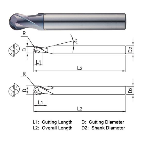 Picture of WIDIN DB402020 DIA 2MM SH 0.2362 LOC 0.1575 OAL 1.6535 End Mill Standard Flute Standard Helix Carbide AlTiN Single End Ball Nose Z-CLASSIC