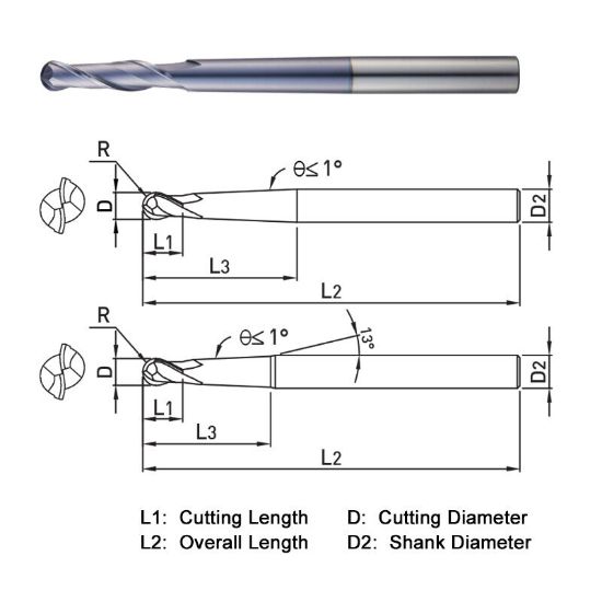 Picture of WIDIN DB552030 DIA 3MM SH 0.2362 LOC 0.2756 OAL 6.1024 End Mill Standard Flute Standard Helix Carbide AlTiN Single End Ball Nose Z-CLASSIC