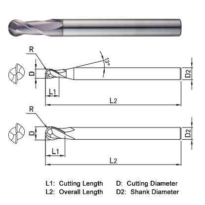 Picture of WIDIN DB312020S4 DIA 2MM SH 0.1575 LOC 0.1969 OAL 1.9685 End Mill Standard Flute Standard Helix Carbide TiAlN Single End Ball Nose THUNDER