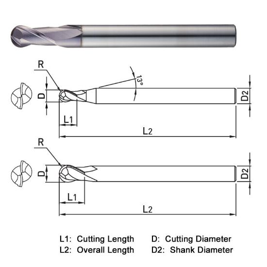 Picture of WIDIN DB312035 DIA 3.50MM SH 0.2362 LOC 0.315 OAL 2.7559 End Mill Standard Flute Standard Helix Carbide TiAlN Single End Ball Nose THUNDER