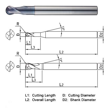Picture of WIDIN DB502030 DIA 3MM SH 0.2362 LOC 0.1575 OAL 2.7559 End Mill Standard Flute Standard Helix Carbide AlTiN Single End Ball Nose Z-CLASSIC