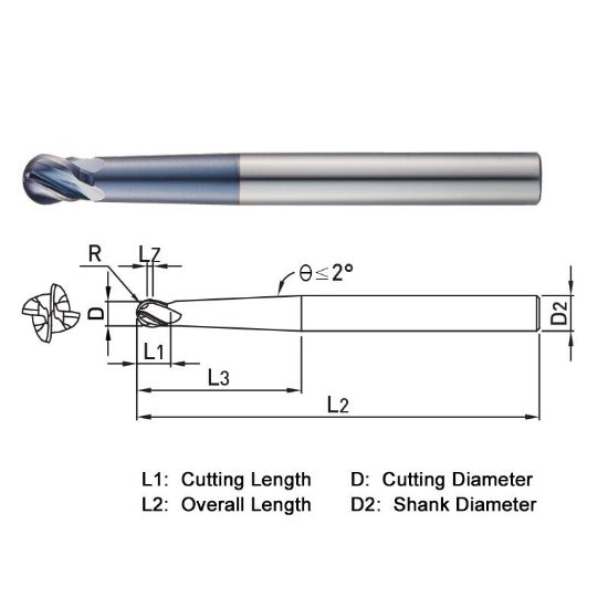 Picture of WIDIN DB534101 DIA 10MM SH 0.3937 LOC 0.3110 OAL 3.9370 End Mill Standard Flute Standard Helix Carbide AlTiN Single End Ball Nose Z-CLASSIC