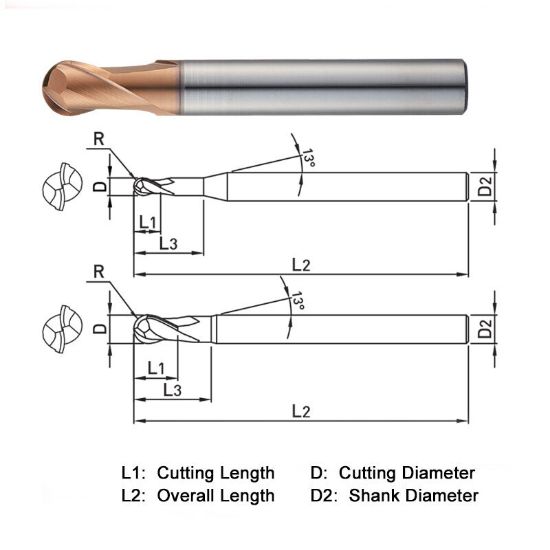 Picture of WIDIN DB702001 DIA 0.10MM SH 0.1575 LOC 0.0059 OAL 1.574 End Mill Standard Flute Standard Helix Carbide AlTiN Single End Ball Nose Z-STAR