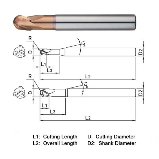 Picture of WIDIN DB703080 DIA 8MM SH 0.3150 LOC 0.3543 OAL 2.7559 End Mill Standard Flute Standard Helix Carbide AlTiN Single End Ball Nose Z-STAR