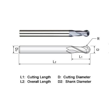 Picture of WIDIN DA302008 DIA 1/4 SH 0.2500 LOC 0.50 OAL 2.50 End Mill Standard Flute Standard Helix Carbide TiAlN Single End Ball Nose THUNDER