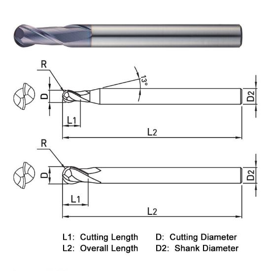 Picture of WIDIN DA512002 DIA 1/16 SH 0.2500 LOC 0.0625 OAL 2.50 End Mill Standard Flute Standard Helix Carbide AlTiN Single End Ball Nose Z-CLASSIC