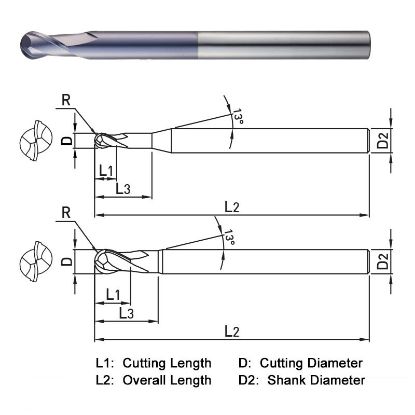 Picture of WIDIN DA522032 DIA 1 SH 1.00 LOC 2.1250 OAL 7.00 End Mill Standard Flute Standard Helix Carbide AlTiN Single End Ball Nose Z-CLASSIC