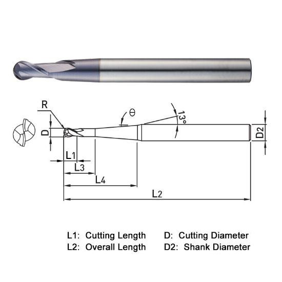 Picture of WIDIN DB34202030 DIA 2MM SH 0.2362 LOC 0.1575 OAL 3.1496 End Mill Standard Flute Standard Helix Carbide TiAlN Single End Ball Nose THUNDER