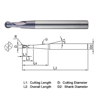 Picture of WIDIN DB34204030 DIA 4MM SH 0.2362 LOC 0.3150 OAL 2.7559 End Mill Standard Flute Standard Helix Carbide TiAlN Single End Ball Nose THUNDER