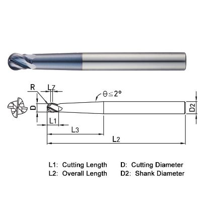 Picture of WIDIN DB534080 DIA 8MM SH 0.3150 LOC 0.3543 OAL 3.9370 End Mill Standard Flute Standard Helix Carbide AlTiN Single End Ball Nose Z-CLASSIC