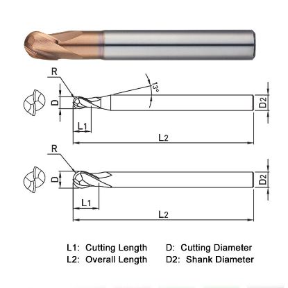 Picture of WIDIN DB712050S DIA 5MM SH 0.2362 LOC 0.2953 OAL 1.9685 End Mill Standard Flute Standard Helix Carbide AlTiN Single End Ball Nose Z-STAR