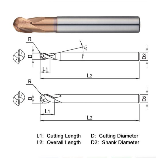 Picture of WIDIN DB712081 DIA 8MM SH 0.3150 LOC 0.5510 OAL 3.9370 End Mill Standard Flute Standard Helix Carbide AlTiN Single End Ball Nose Z-STAR