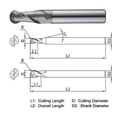 Picture of WIDIN DS502100 DIA 10MM SH 0.3937 LOC 0.8661 OAL 2.7559 End Mill Standard Flute Standard Helix Carbide TiAlN Single End Ball Nose Z-SUS-MATE
