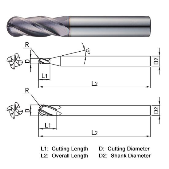 Picture of WIDIN TXB204120 DIA 12MM SH 0.4724 LOC 0.9843 OAL 2.9921 End Mill Standard Flute Standard Helix Carbide TiAlN Single End Ball Nose THUNDER