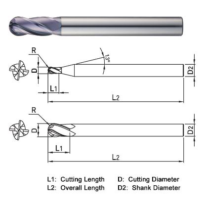 Picture of WIDIN DA514032 DIA 1 SH 1.00 LOC 2.00 OAL 7.1250 End Mill Standard Flute Standard Helix Carbide AlTiN Single End Ball Nose Z-CLASSIC