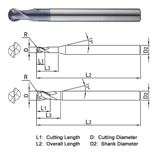 Picture of WIDIN DB502120 DIA 12MM SH 0.4724 LOC 0.5510 OAL 4.3307 End Mill Standard Flute Standard Helix Carbide AlTiN Single End Ball Nose Z-CLASSIC