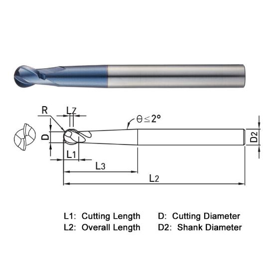 Picture of WIDIN DB532060 DIA 6MM SH 0.2362 LOC 0.2756 OAL 3.9370 End Mill Standard Flute Standard Helix Carbide AlTiN Single End Ball Nose Z-CLASSIC