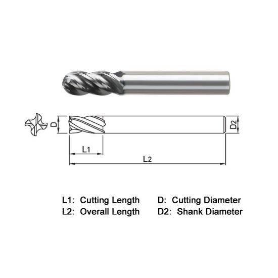 Picture of WIDIN VXB534A012 DIA 3/16 SH 0.1875 LOC 0.6250 OAL 2.50 End Mill Standard Flute Variable Helix Carbide TiAlN Single End Ball Nose VH SERIES