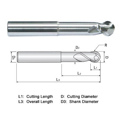 Picture of WIDIN WAB512A024 DIA 3/8 SH 0.3750 LOC 0.3750 OAL 3.50 End Mill Standard Flute High Helix Carbide DLC Single End Ball Nose ALU-WAVE