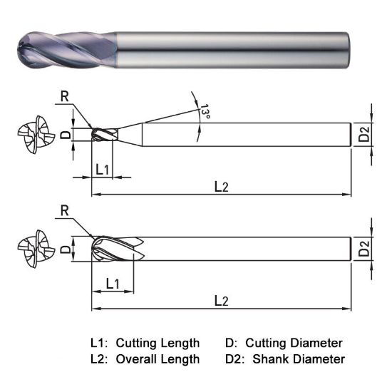 Picture of WIDIN DB514110 DIA 11MM SH 0.4724 LOC 0.9843 OAL 4.3307 End Mill Standard Flute Standard Helix Carbide AlTiN Single End Ball Nose Z-CLASSIC