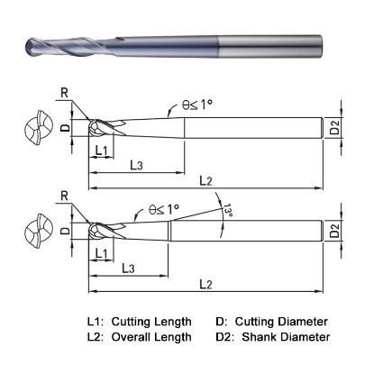 Picture of WIDIN DB542020 DIA 2MM SH 0.2362 LOC 0.1181 OAL 4.3307 End Mill Standard Flute Standard Helix Carbide AlTiN Single End Ball Nose Z-CLASSIC