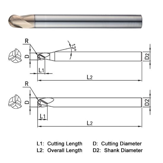 Picture of WIDIN WB503010 DIA 1MM SH 0.2362 LOC 0.0394 OAL 1.9685 End Mill Standard Flute Standard Helix Carbide AlTiN Single End Ball Nose WINNER