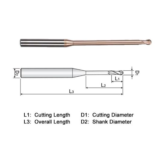 Picture of WIDIN WB51201010 DIA 1MM SH 0.1575 LOC 0.0394 OAL 1.9685 End Mill Standard Helix Standard Helix Carbide AlTiN Single End Ball Nose WINNER