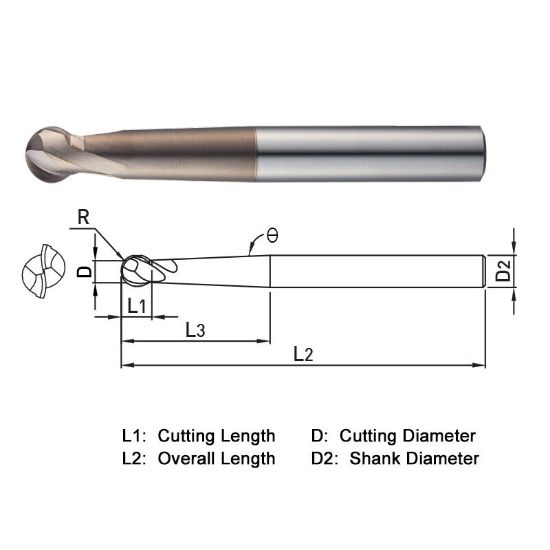 Picture of WIDIN WB532100 DIA 10MM SH 0.3937 LOC 0.3110 OAL 3.9370 End Mill Standard Flute Standard Helix Carbide AlTiN Single End Ball Nose WINNER