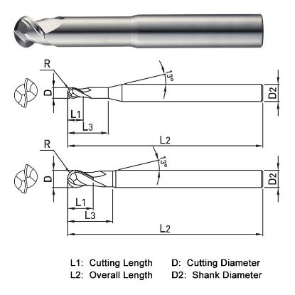 Picture of WIDIN WAB312100 DIA 10MM SH 0.3937 LOC 0.3346 OAL 2.9528 End Mill Standard Flute High Helix Carbide Uncoated Single End Ball Nose ALU-WAVE