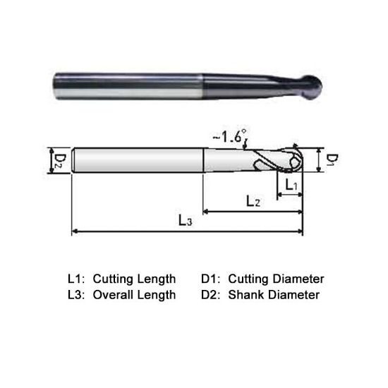 Picture of WIDIN WB7121004 DIA 1MM SH 0.1575 LOC 0.0394 OAL 1.7717 End Mill Standard Flute Standard Helix Carbide AlTiN Single End Ball Nose Z-CLASSIC