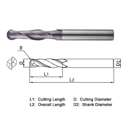 Picture of WIDIN TXB222030 DIA 3MM SH 0.1181 LOC 0.7874 OAL 2.3622 End Mill Standard Flute Standard Helix Carbide TiAlN Single End Ball Nose THUNDER