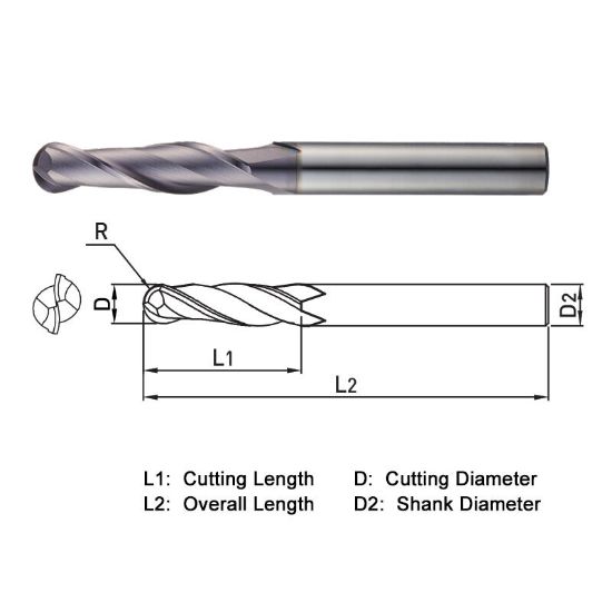 Picture of WIDIN TXB222060 DIA 6MM SH 0.2362 LOC 1.1811 OAL 2.9528 End Mill Standard Flute Standard Helix Carbide TiAlN Single End Ball Nose THUNDER