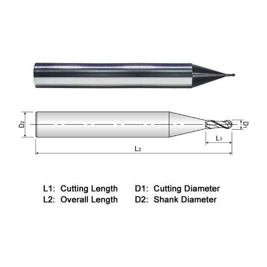 Picture of WIDIN MD502024 DIA 0.024 SH 0.1250 LOC 0.0430 OAL 1.50 End Mill Standard Flute Standard Helix Carbide AlTiN Single End Ball Nose Z-CLASSIC