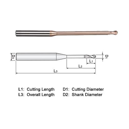 Picture of WIDIN WB512001003 DIA 0.10MM SH 0.1575 LOC 0.0039 OAL 1.574 End Mill Standard Helix Standard Helix Carbide AlTiN Single End Ball Nose WINNER