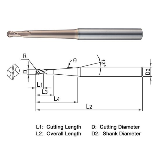 Picture of WIDIN WB5420202080 DIA 2MM SH 0.3150 LOC 0.0787 OAL 5.5118 End Mill Standard Flute Standard Helix Carbide AlTiN Single End Ball Nose WINNER