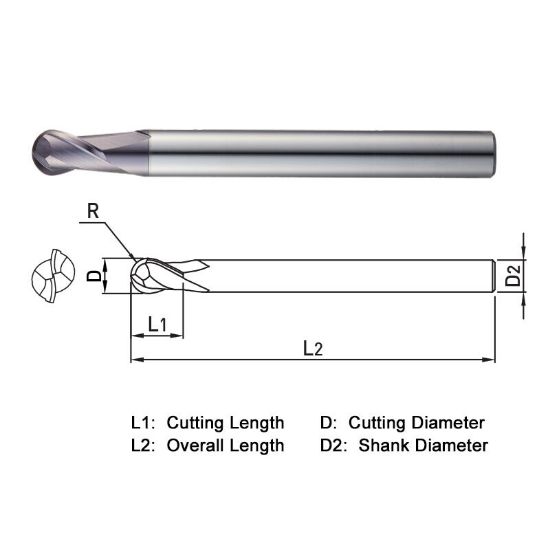 Picture of WIDIN TXB232060 DIA 6MM SH 0.2362 LOC 0.3937 OAL 3.9370 End Mill Standard Flute Standard Helix Carbide TiAlN Single End Ball Nose THUNDER