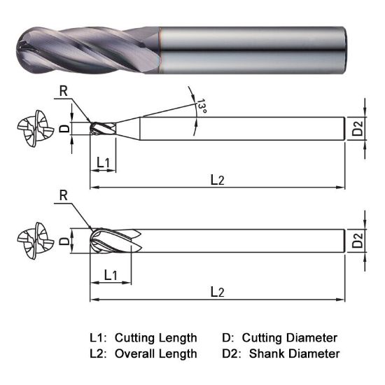 Picture of WIDIN TXB304140 DIA 14MM SH 0.5512 LOC 1.2598 OAL 2.9528 End Mill Standard Flute Standard Helix Carbide TiAlN Single End Ball Nose THUNDER