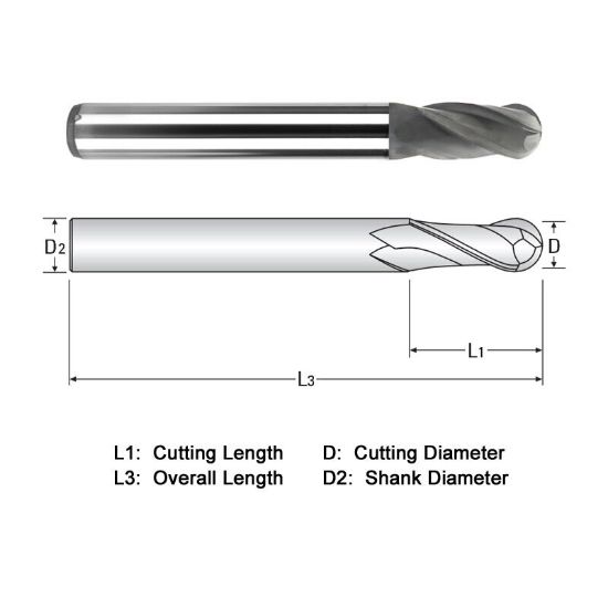 Picture of WIDIN WGB502A002 DIA 1/32 SH 0.1250 LOC 0.0937 OAL 1.50 End Mill Standard Flute Standard Helix Carbide Diamond Single End Ball Nose Z-GRA-MATE