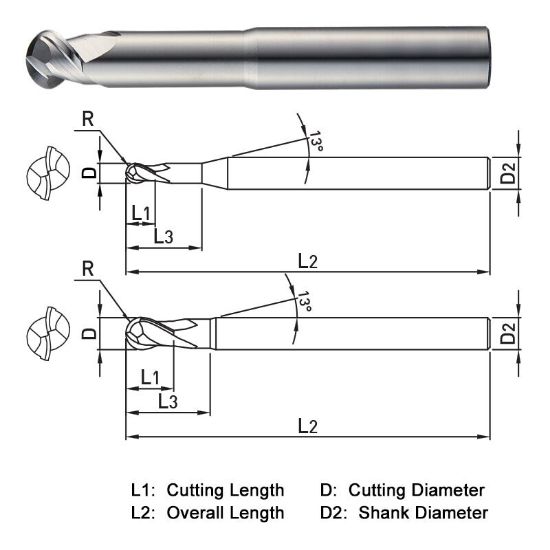 Picture of WIDIN WAB312161 DIA 16MM SH 0.6299 LOC 0.6299 OAL 5.9055 End Mill Standard Flute High Helix Carbide Uncoated Single End Ball Nose ALU-WAVE