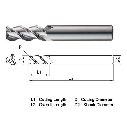 Picture of WIDIN WAR3031220 DIA 12MM SH 0.4724 LOC 1.1811 OAL 2.9528 End Mill Standard Flute High Helix Carbide Uncoated Single End Corner Radius 0.0787 2.00MM ALU-WAVE