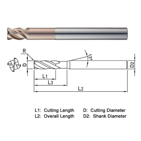 Picture of WIDIN WR51212020 DIA 12MM SH 0.4724 LOC 0.7087 OAL 3.1496 End Mill Standard Flute Standard Helix Carbide AlTiN Single End Corner Radius 0.0787 2.00MM WINNER
