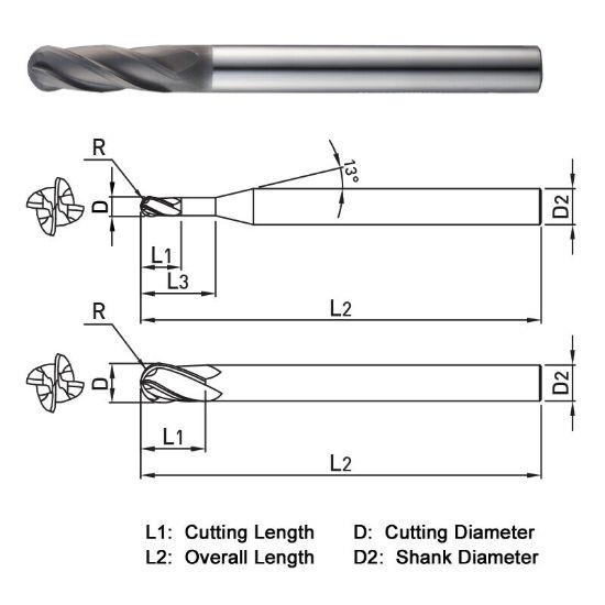 Picture of WIDIN WGB504060090 DIA 6MM SH 0.2362 LOC 0.7874 OAL 3.5433 End Mill Standard Flute Standard Helix Carbide Diamond Single End Ball Nose Z-GRA-MATE