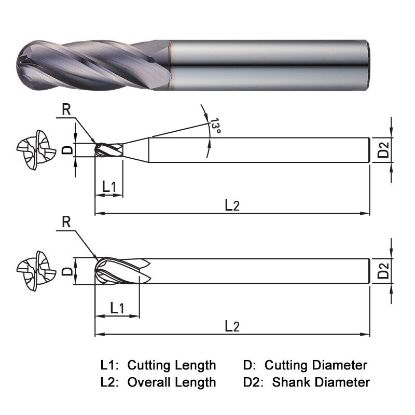 Picture of WIDIN TXB204100 DIA 10MM SH 0.3937 LOC 0.9843 OAL 2.7559 End Mill Standard Flute Standard Helix Carbide TiAlN Single End Ball Nose THUNDER