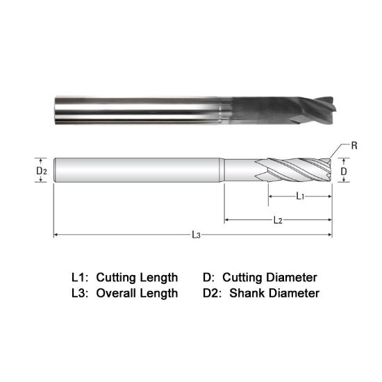 Picture of WIDIN WGR504A032-4-030 DIA 1/2 SH 0.50 LOC 2.00 OAL 4.00 End Mill Standard Flute Standard Helix Carbide Diamond Single End Corner Radius 0.0300 0.76MM Z-GRA-MATE