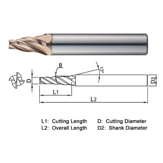 Picture of WIDIN WTE50403005 DIA 3MM SH 0.2362 LOC 0.6299 OAL 1.9685 End Mill Taper Flute Carbide AlTiN Single End Square Sharp WINNER