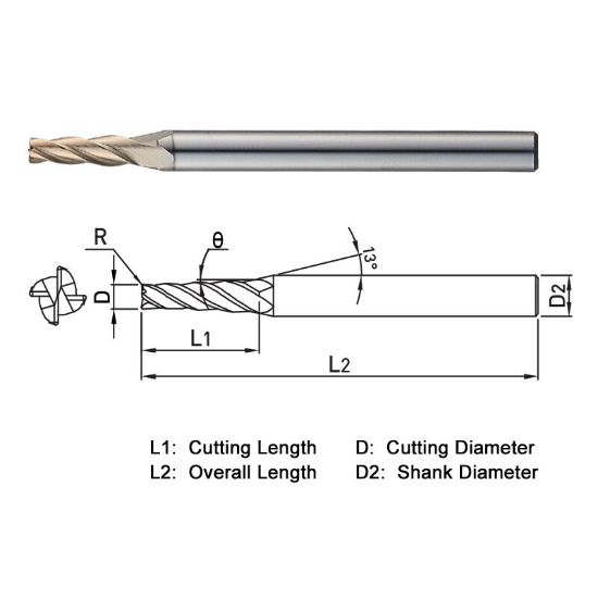 Picture of WIDIN WTR5040100101510 DIA 1MM SH 0.1575 LOC 0.3937 OAL 1.9685 End Mill Taper Flute Carbide AlTiN Single End Corner Radius 0.0039 0.10MM WINNER
